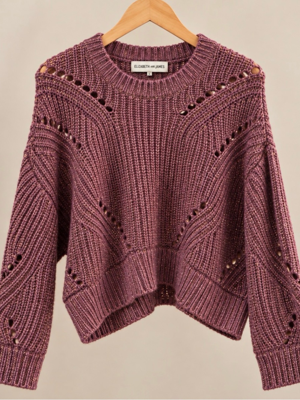 Elizabeth and James Dusty Plum Open-Knit Crewneck Sweater